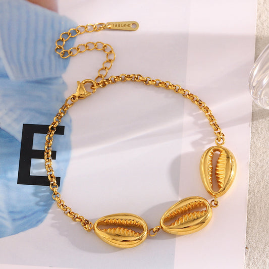 Pulsera de acero inoxidable con chapado en oro de 18 quilates, diseño geométrico de moda con concha de abulón para mujer