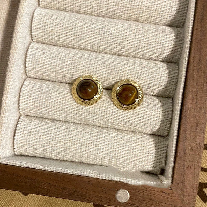 Pendientes de tuerca retro de ojo de tigre geométricos con baño de rodio para mujer, joyería de uso diario minimalista de lujo