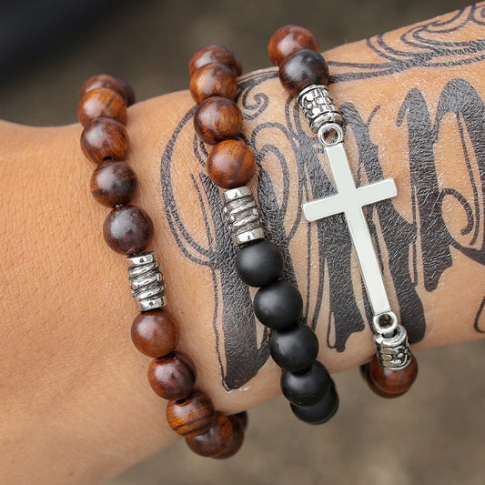 Vintage Bohemian Round Cross Wood Beaded Bracelet Ethnic Unisex Multi-layer Set
