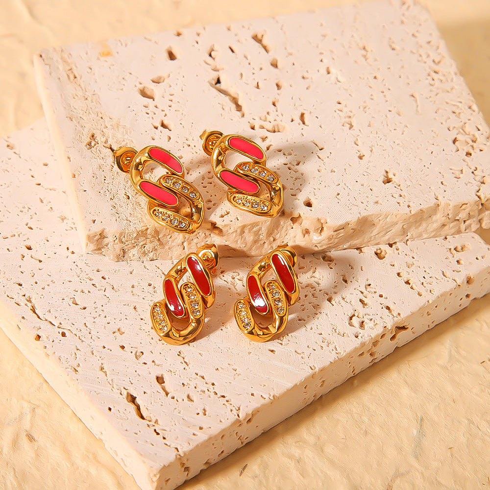 Vintage French Style Geometric Stainless Steel Earrings with 18K Gold Plating Enamel Finish and Zircon Inlay