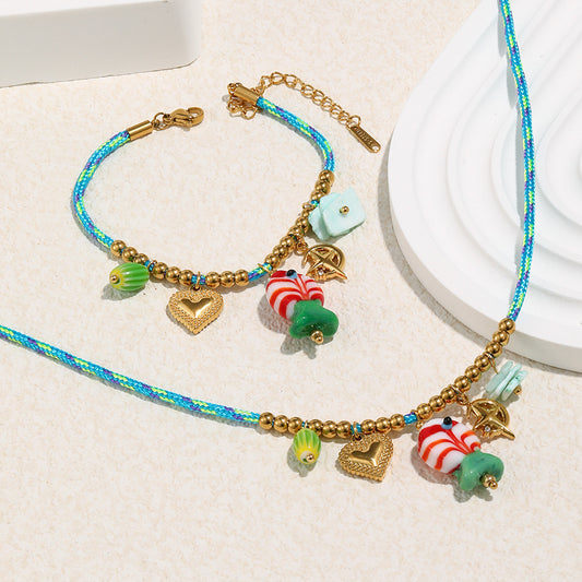 Geometric Stainless Steel Plated 18K Blue Candy Pendant Necklace with Colorful Braided Cord for Women