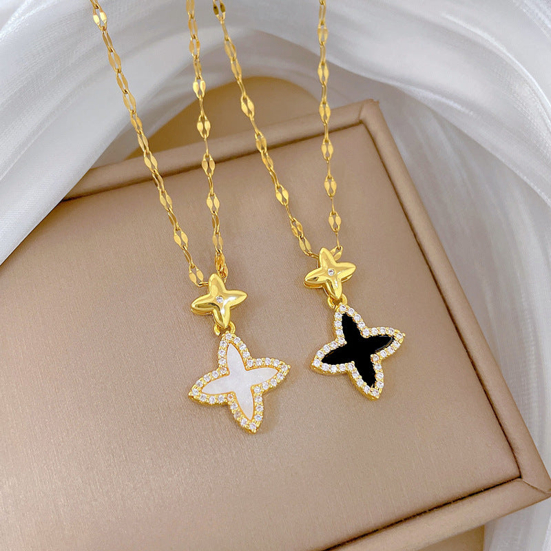 Minimalist Star and Clover Pendant Necklace in Titanium Steel with Rhinestone Accents for Women