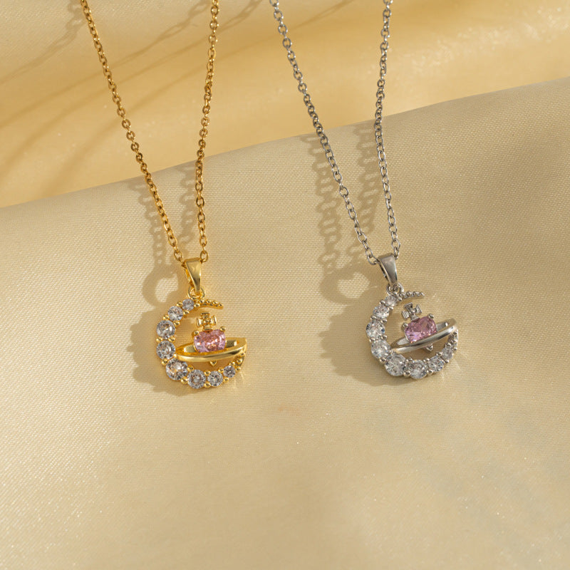 Collana da donna a cuore geometrico minimalista in acciaio al titanio con intarsio in strass e catena a cavo placcata PVD
