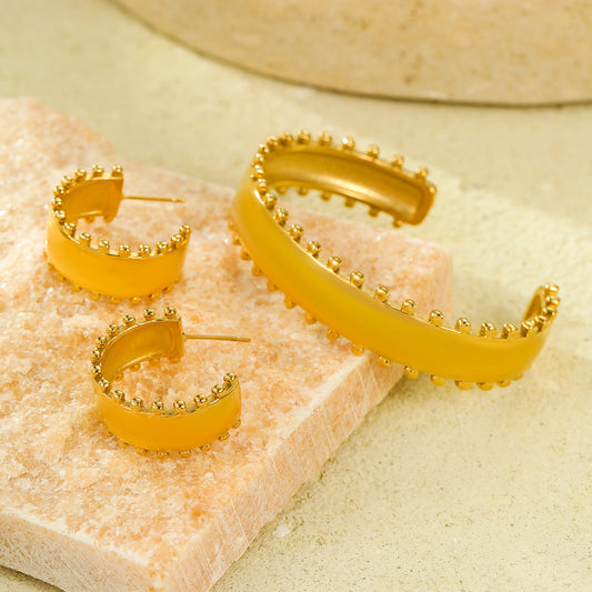 Vintage Stainless Steel C-Shaped Beaded Edge Bracelet and Earrings Set with 18K Gold Plating