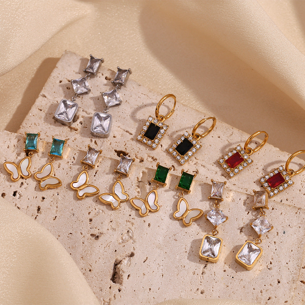 Fashionable Geometric Stainless Steel Earrings with 18K Gold Plating and Micro-Paved Colored Zircon for Women
