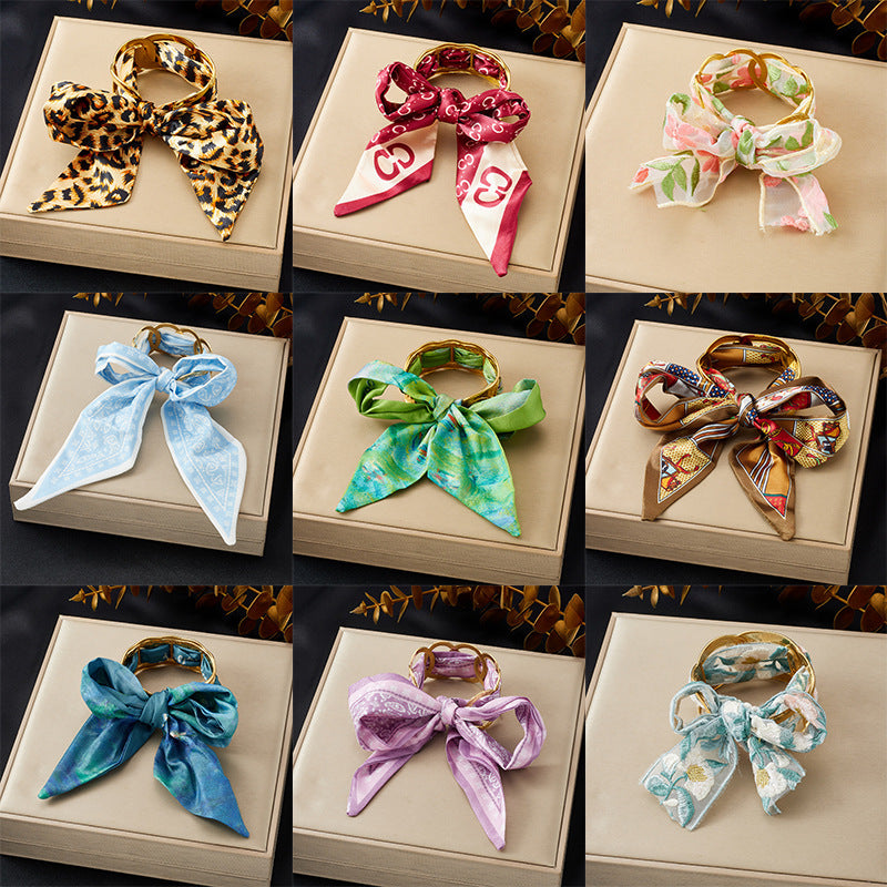 Elegant Leopard Print Floral Satin Bow Round Stainless Steel Bracelet