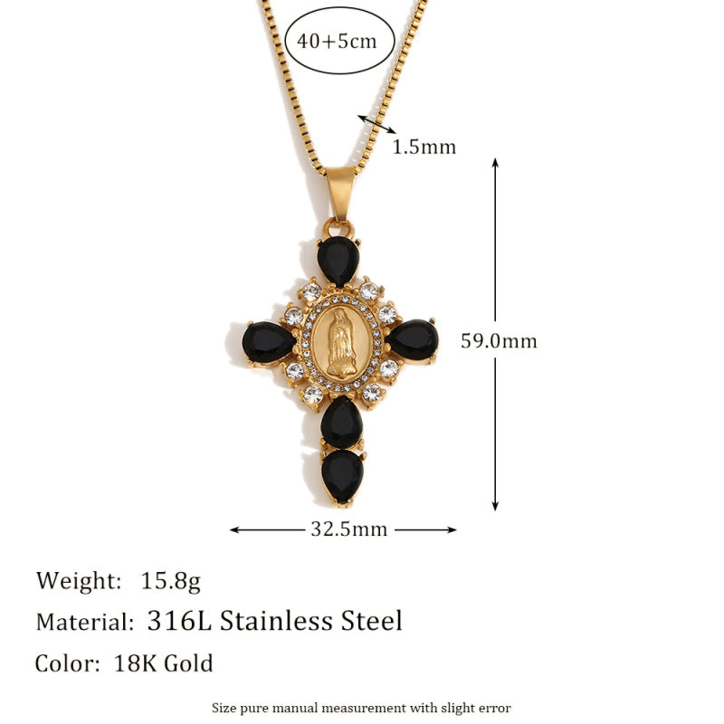 Fashionable Cross Pendant Necklace for Women in Stainless Steel with 18K Gold Plating and Rhinestone Inlay