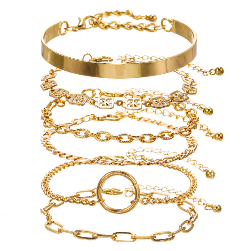 Punk Hip-hop Geometric Round Plated Alloy Bracelet Set for Women