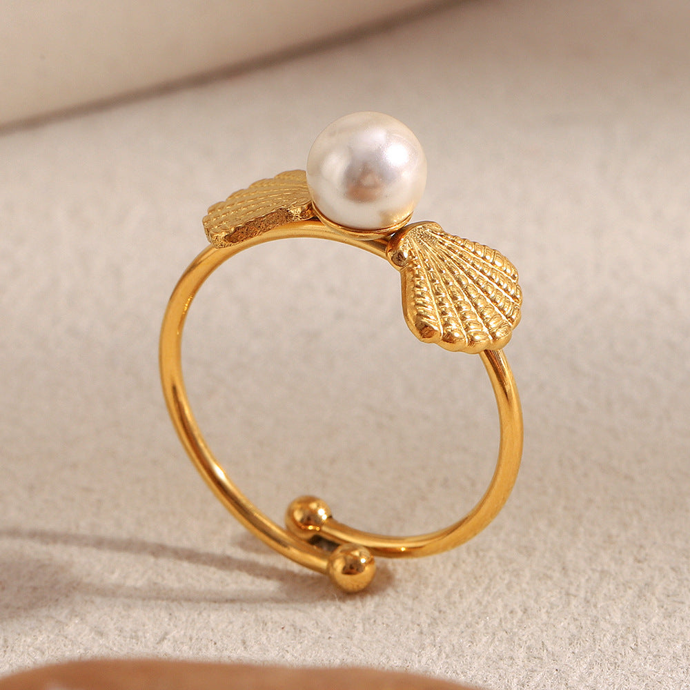 Retro French-Inspired Minimalist Geometric Stainless Steel Plated 18K Gold Open Ring for Women with Pearl-Like Finish