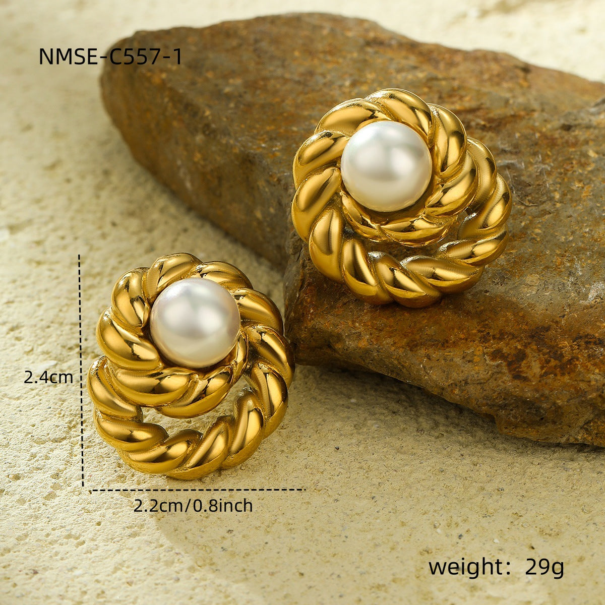 Orecchini a perno tondi vintage in acciaio inossidabile placcati oro con intarsio di perle da donna