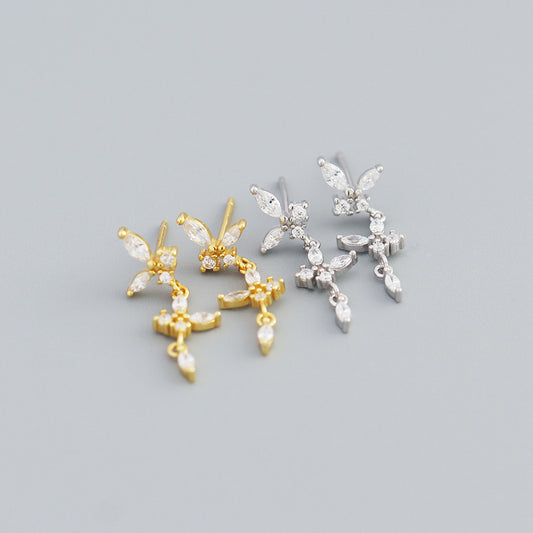 Minimalist Butterfly-Shaped S925 Sterling Silver Stud Earrings with Rhinestone Inlay and Dangling Fringe