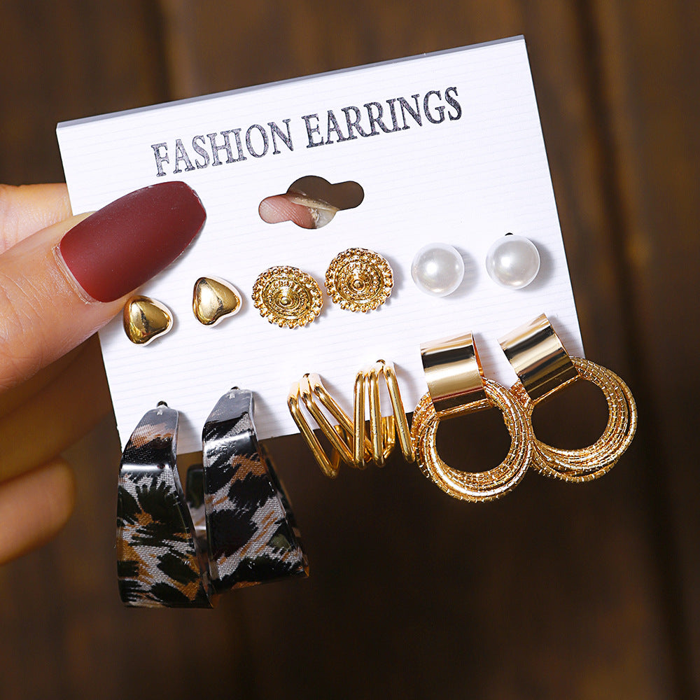 Vintage Square Geometric Heart Alloy Plated Earring Set with Pearl Inlay