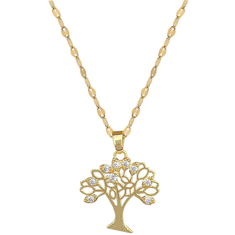 Collana con Pendente Albero Geometrico Minimalista e Frutti Abbondanti in Acciaio al Titanio con Accenti di Strass per Donne e Uomini