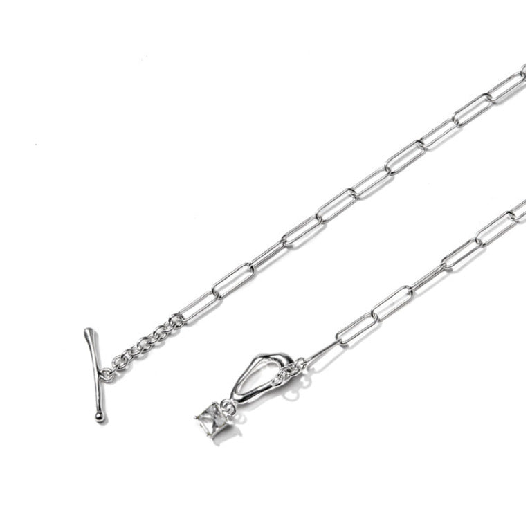 Geometric Shape 925 Sterling Silver Necklace with Rainbow Zirconia Inlay on Snake Chain