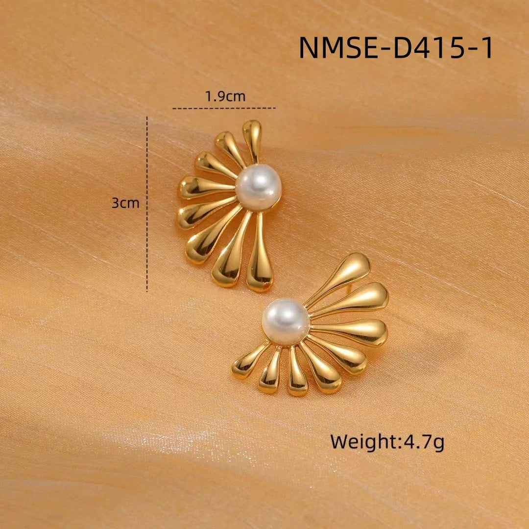 Elegantes Pendientes de Perlas de Acero Inoxidable con Forma Geométrica y Baño de Oro para Mujer
