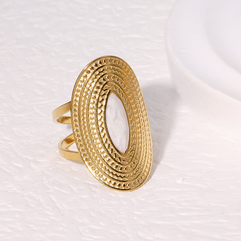Vintage Oversized Wide Index Finger Ring in Geometric Shape with 18K Gold Plating and Enamel Finish on Stainless Steel