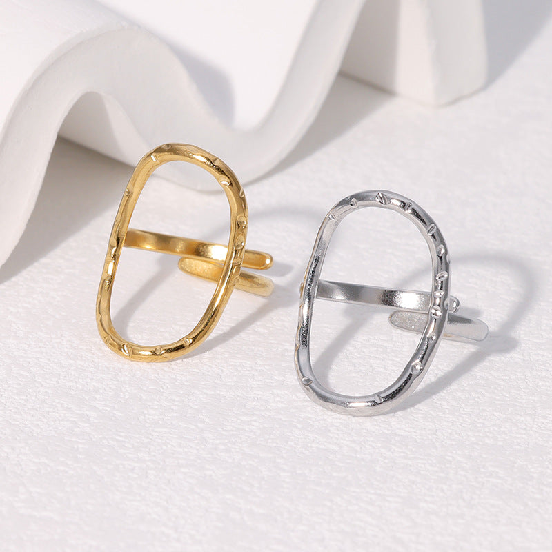 Minimalist Hammered Oval Geometric Open Ring Stainless Steel Plated Women's Jewelry