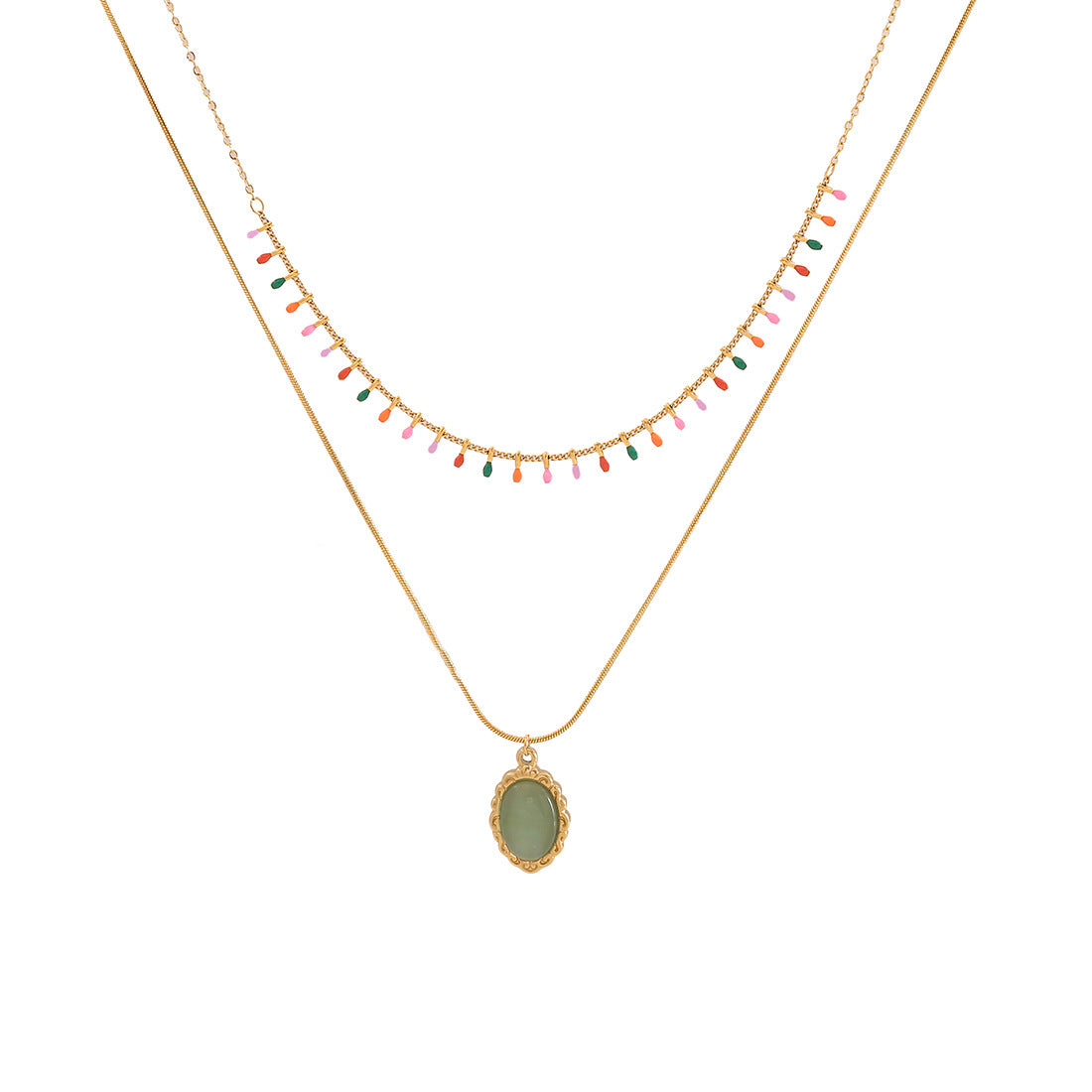 Fashionable Geometric Stainless Steel Double-Layer O-Chain Necklace with Enamel-Drop Pendant for Women