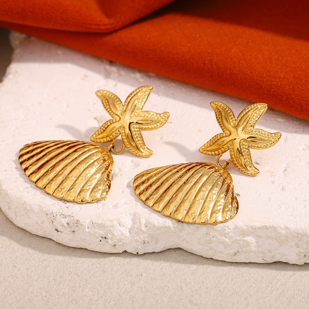 Orecchini da donna alla moda a forma di stella in acciaio inossidabile placcati oro 18 carati con inserti in conchiglia