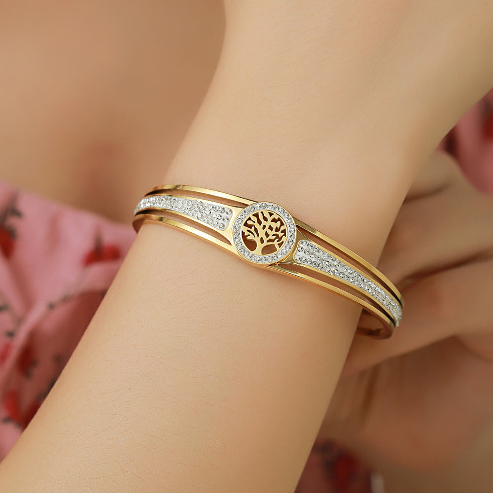 Hollow Geometric Floral Cubic Zirconia Inlay Plated Stainless Steel Tree of Life Bracelet