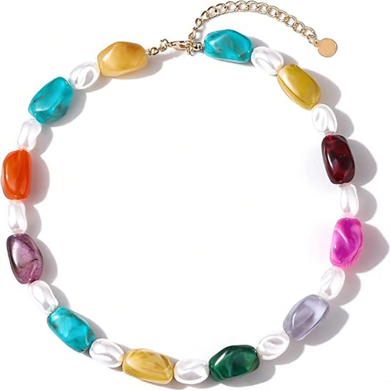 Bohemian Casual Geometric Oval Resin Polished Pendant Ball Chain Necklace for Women