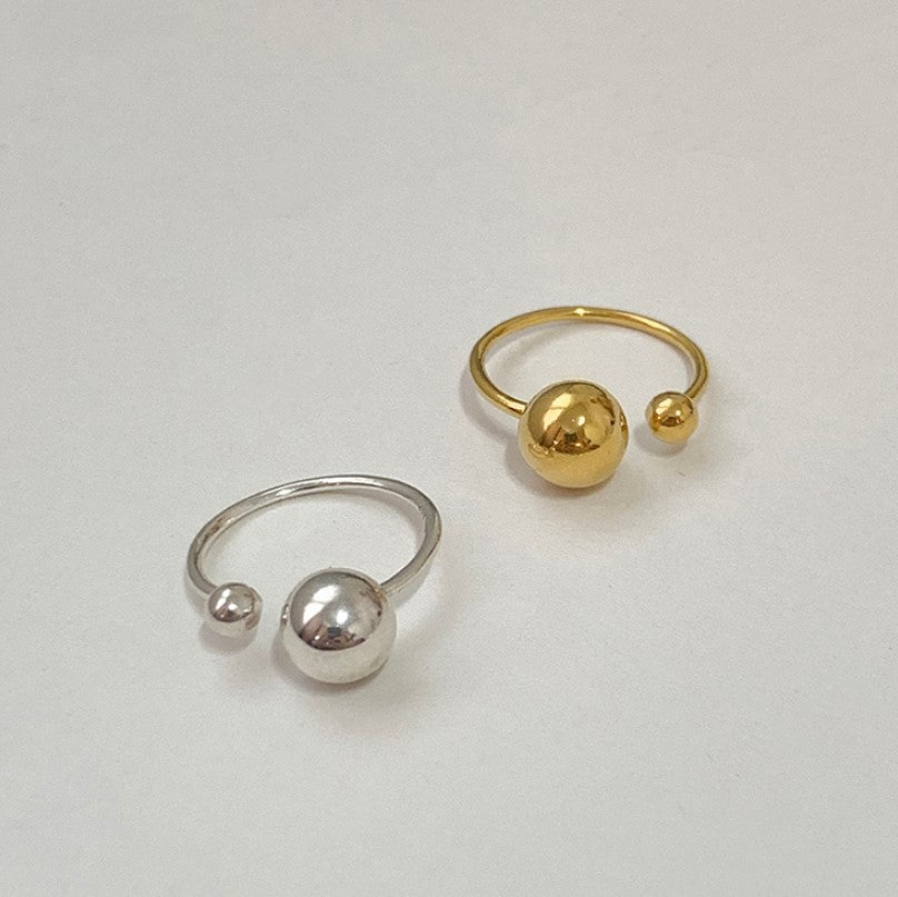 S925 Sterling Silver Geometric Ring with Round and Oval Beads Adjustable Open Band Minimalist Fashion Stackable Finger Ring for Women