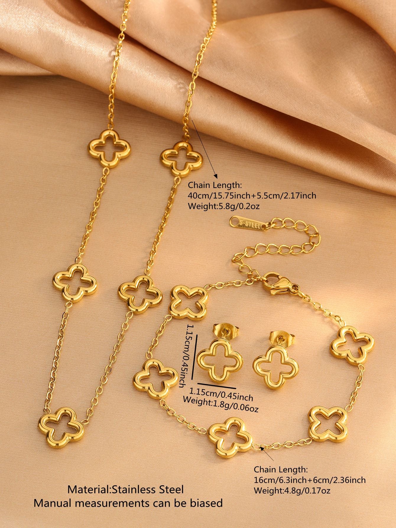Conjunto de collar, pulsera y pendientes chapados en acero inoxidable con diseño floral hueco elegante de moda para mujer
