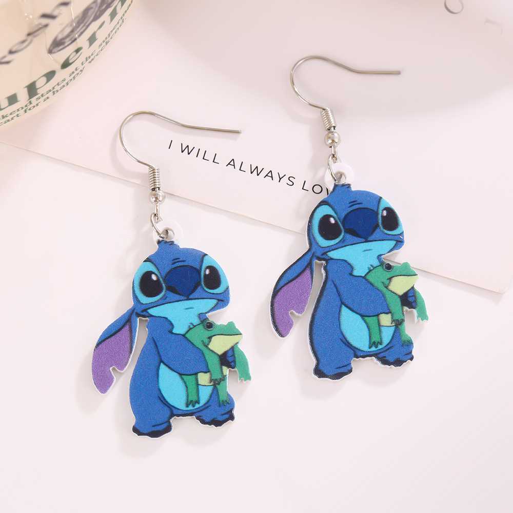 Pendientes de tuerca acrílicos de Stitch de dibujos animados con forma de lazo e incrustaciones de perlas para niños