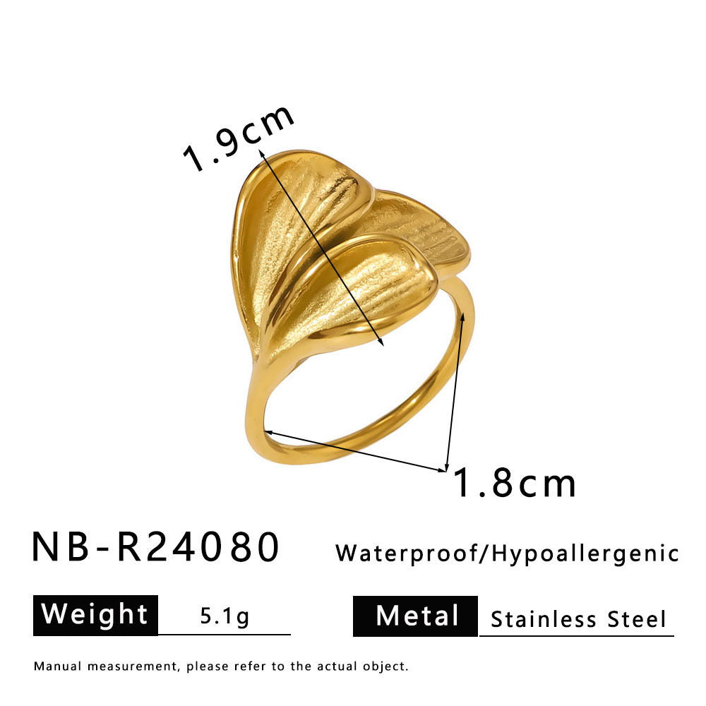 Geometric Wave Leaf Shaped Stainless Steel Plated Gold Ring with Textured Ruffled Asymmetrical Design for Women and Men