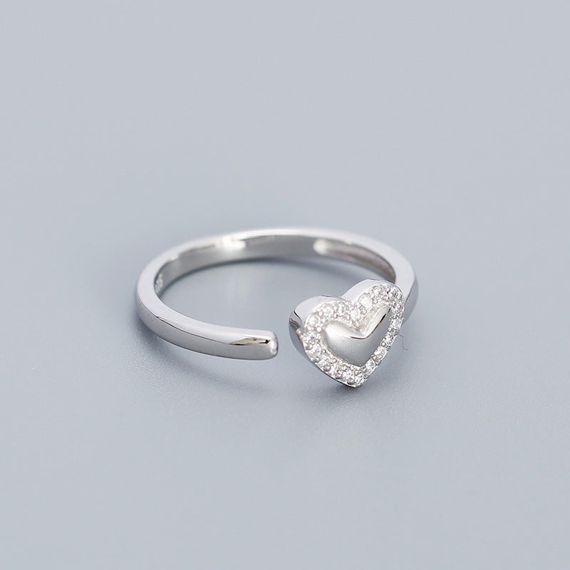 Sweet Heart-Shaped S925 Sterling Silver Adjustable Ring with Rhinestone Inlay for Women