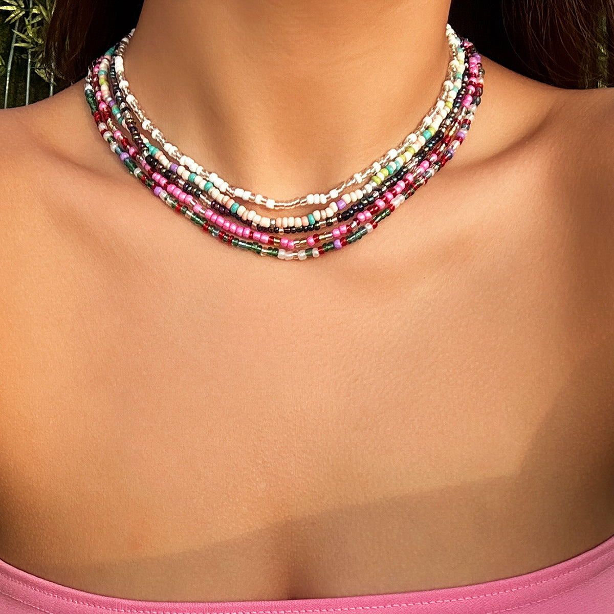 Bohemian Style Geometric Pendant Necklace Set for Women with Beaded Accents, Resin Plastic Construction, and Ball Chain