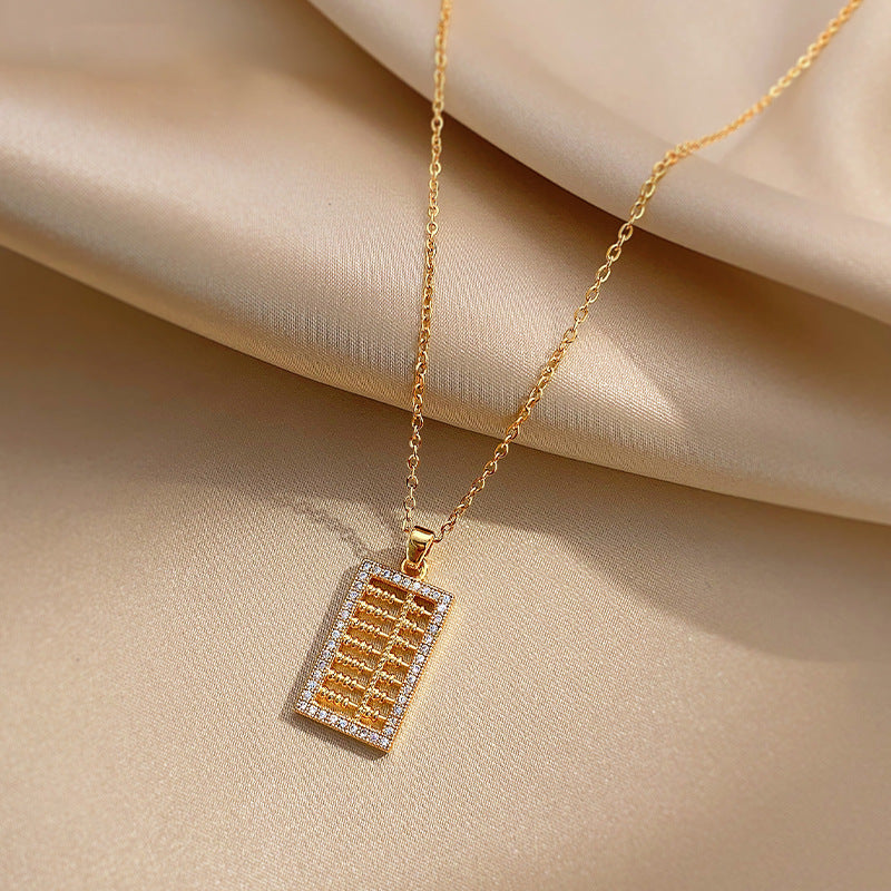 Minimalist Abacus-Shaped Titanium Steel Necklace with Micro-Pave Detailing for Women and Men, Delicate Clavicle Chain with Electroplated Finish