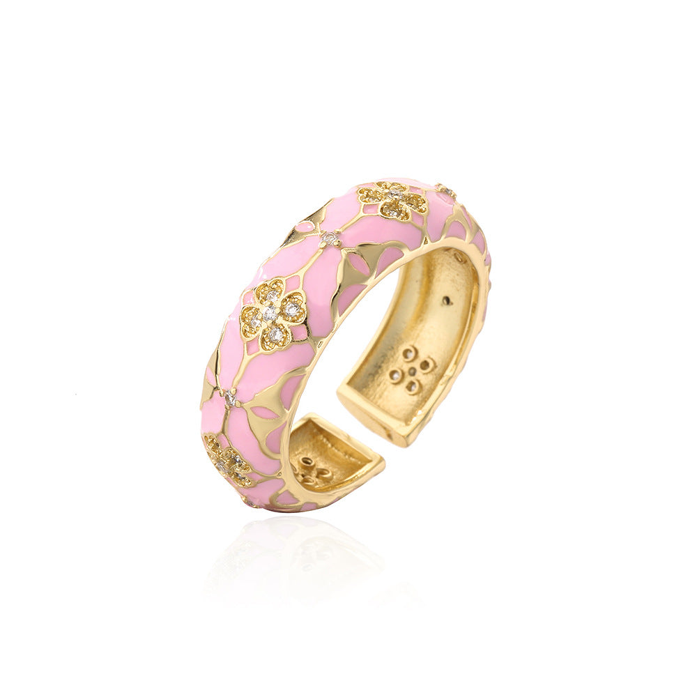 Bohemian Vintage Geometric Open Ring for Women in Copper with 18K Gold Plating and Enamel Finish
