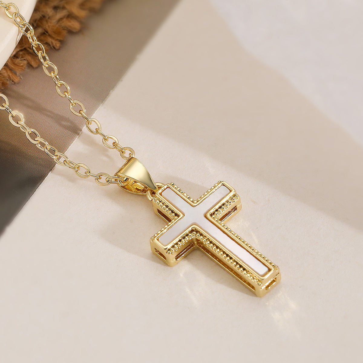Minimalist 18K Gold Plated Brass Micro-inlay Shell Cross Pendant Necklace for Women