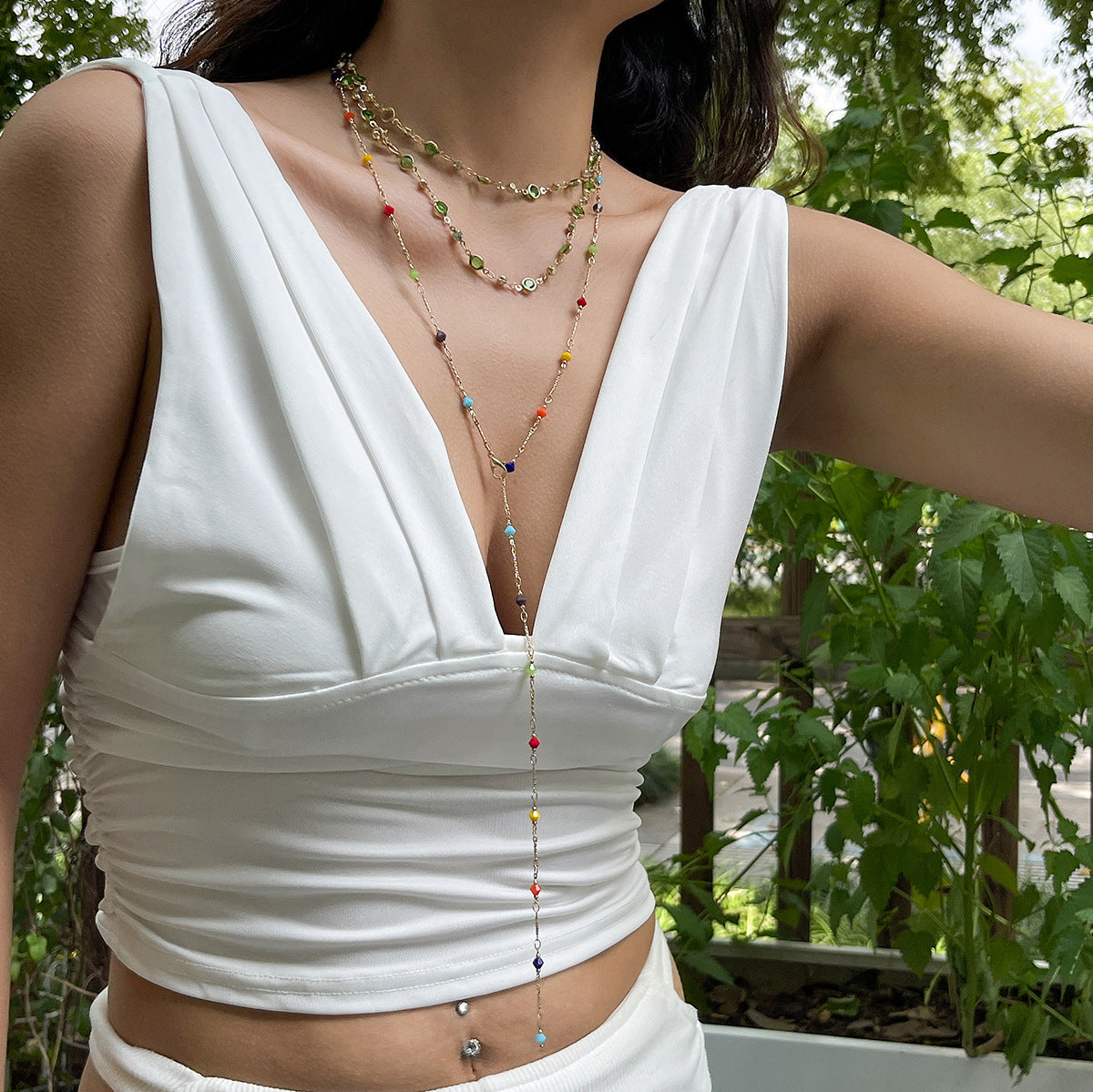 Minimalist Geometric Crystal Inlaid Alloy Y-Shape Tassel Necklace for Women