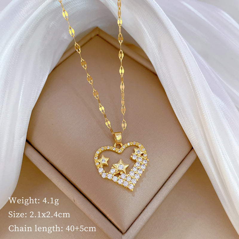 Luxury Minimalist Sweet Geometric Rhinestone Pendant Necklace for Women Titanium Steel O-Chain