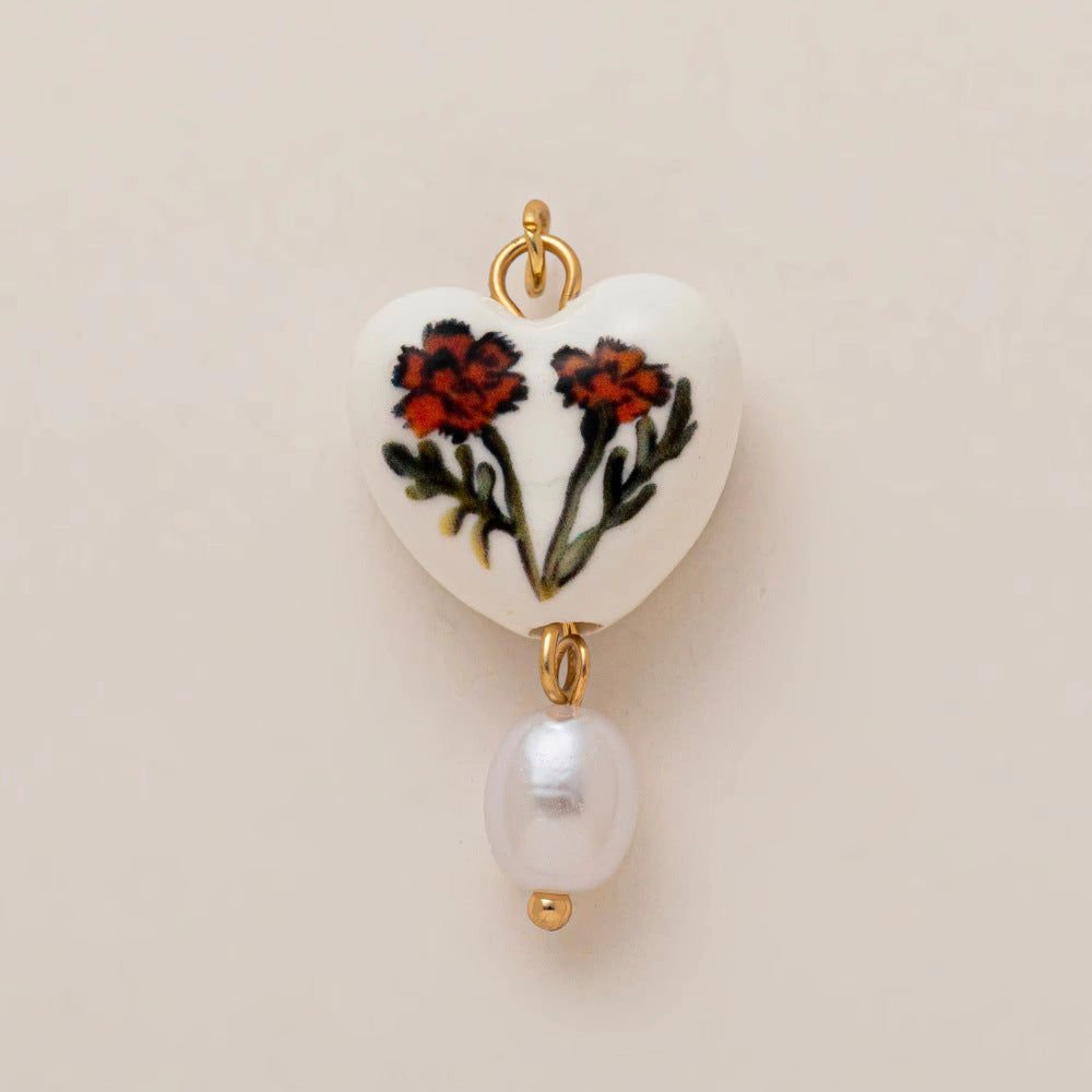 Vintage Minimalist Heart Shape Brass Pendant with Pearl and Rhinestone Inlay 18K Gold Plated Charm Bar