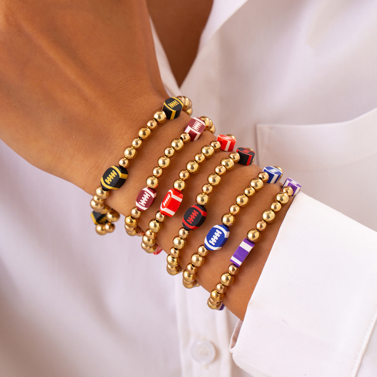 Plated Resin Beaded Bracelet Set Round Ball Design Casual Style for Women
