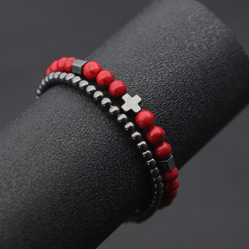 Fashion Unisex Brass Beaded Bracelet Set with Hematite Cross, Natural Lava Stone and Tiger Eye Geometric Charms