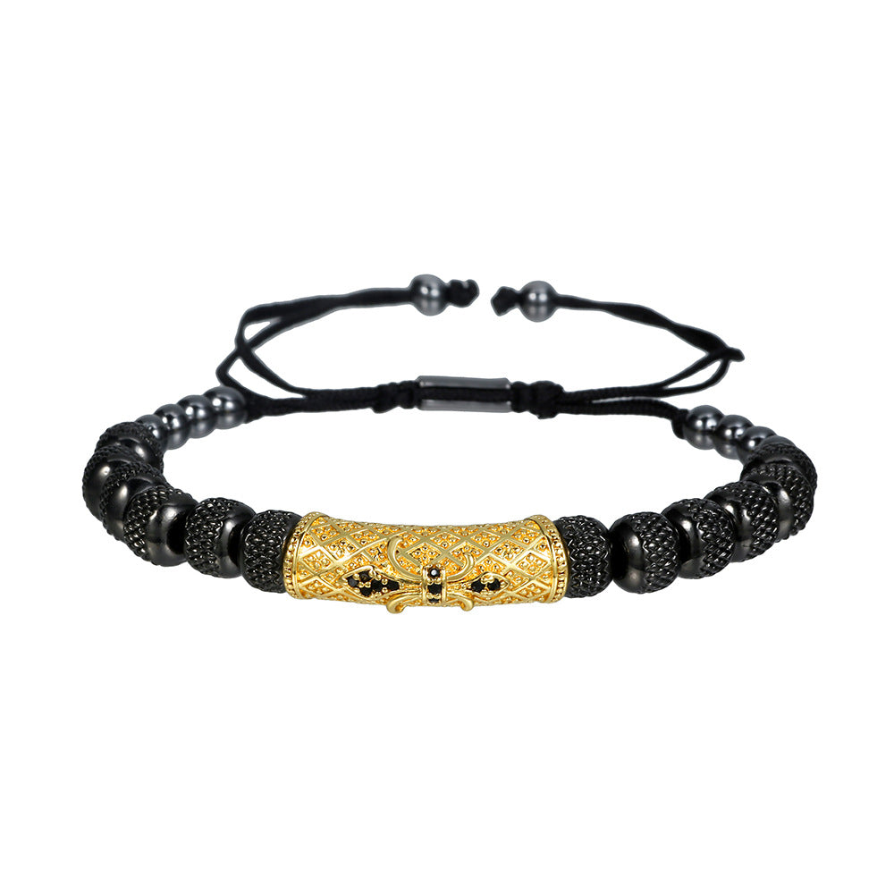 Vintage Adjustable Stainless Steel Geometric Round Bead Cubic Zirconia Curved Tube Bracelet for Men and Women