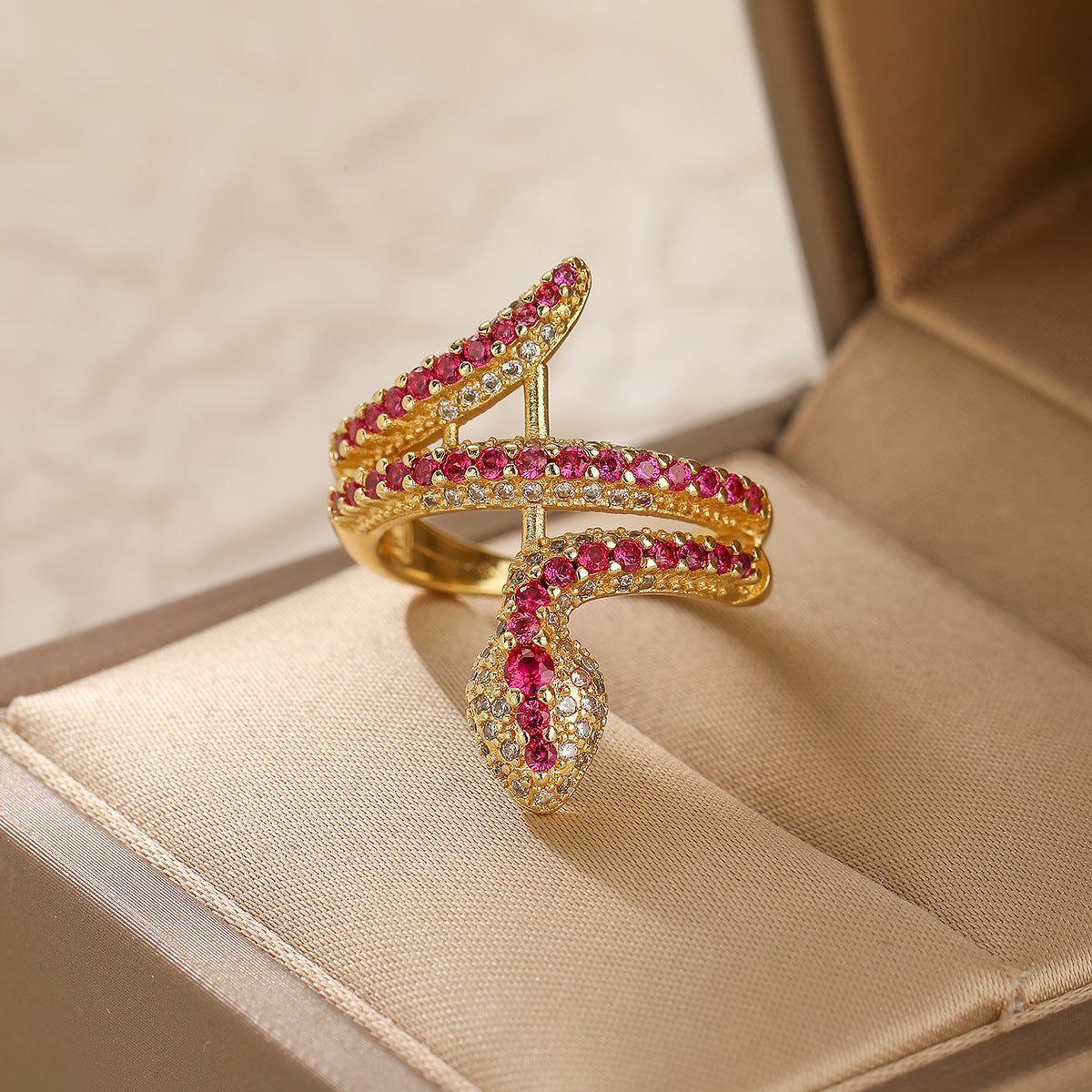 Minimalist Geometric Snake-Shaped Copper Ring with Real Gold Plating and Zircon Inlay for Women