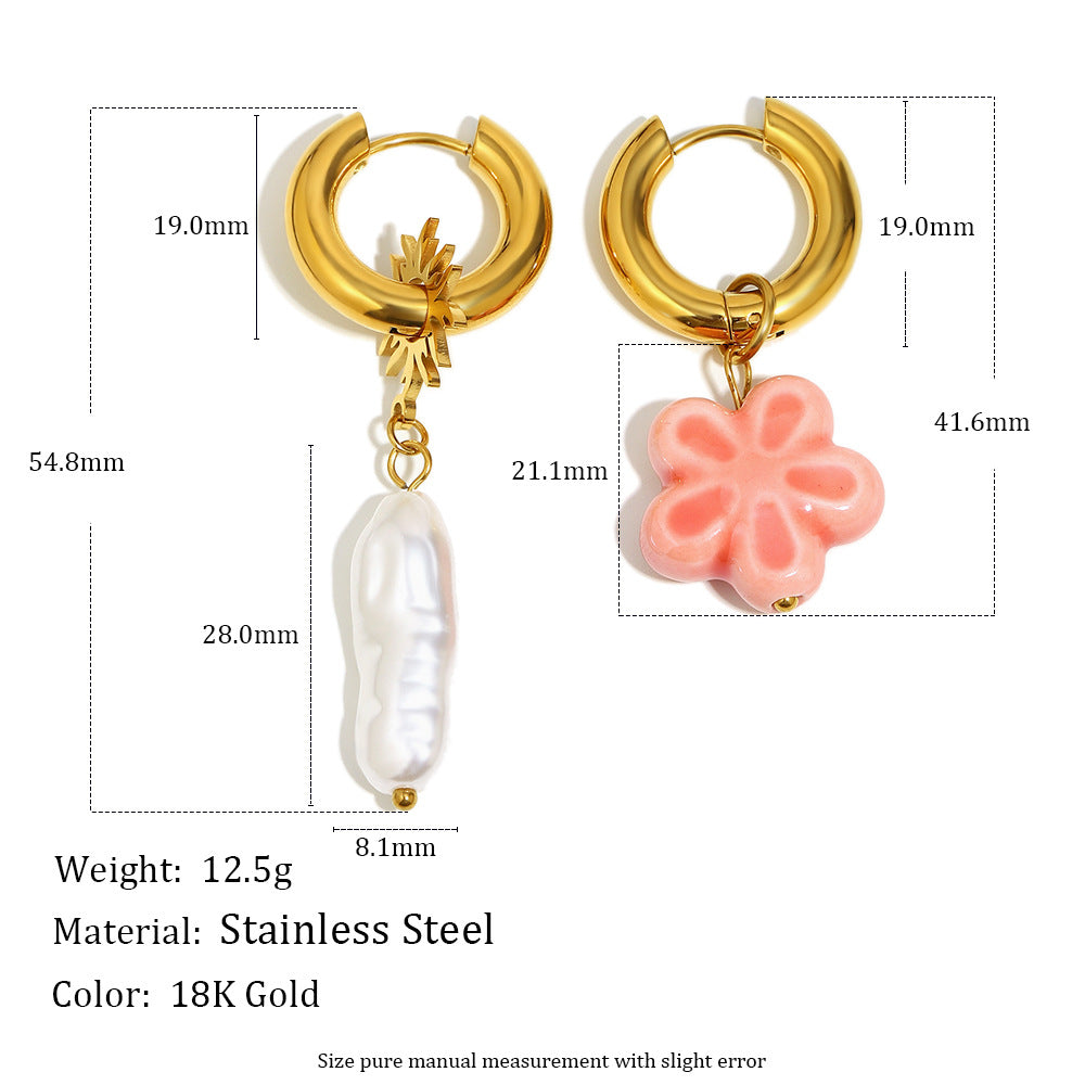 Orecchini Leggeri di Lusso con Fiori Geometrici in Acciaio Inossidabile, Placcati Oro 18K, con Vetro e Perle Imitazione