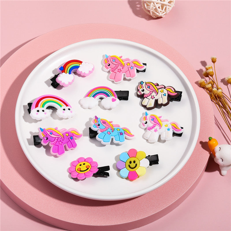 Cartoon Floral Unicorn Rainbow Hair Clip for Kids Silicone One-Step Hair Clamp with Handmade Finish