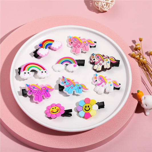 Cartoon Floral Unicorn Rainbow Hair Clip for Kids Silicone One-Step Hair Clamp with Handmade Finish