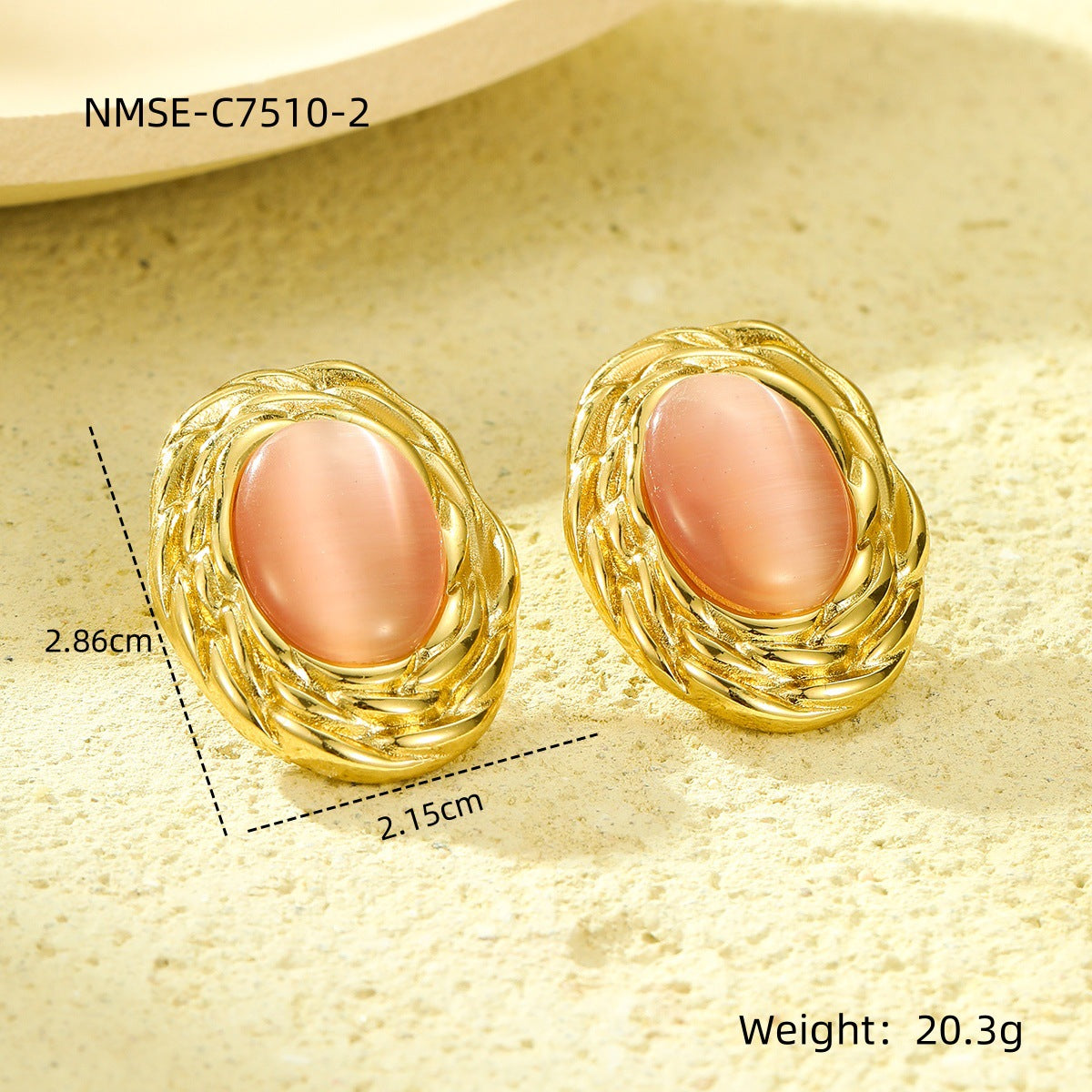 Elegantes pendientes de tuerca de acero titanio con textura ovalada, estilo lujo francés, piedra natural de ojo de gato para mujer