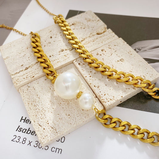 Sweet Streetwear Figaro Chain Titanium Steel Bracelet with Pearl Inlay