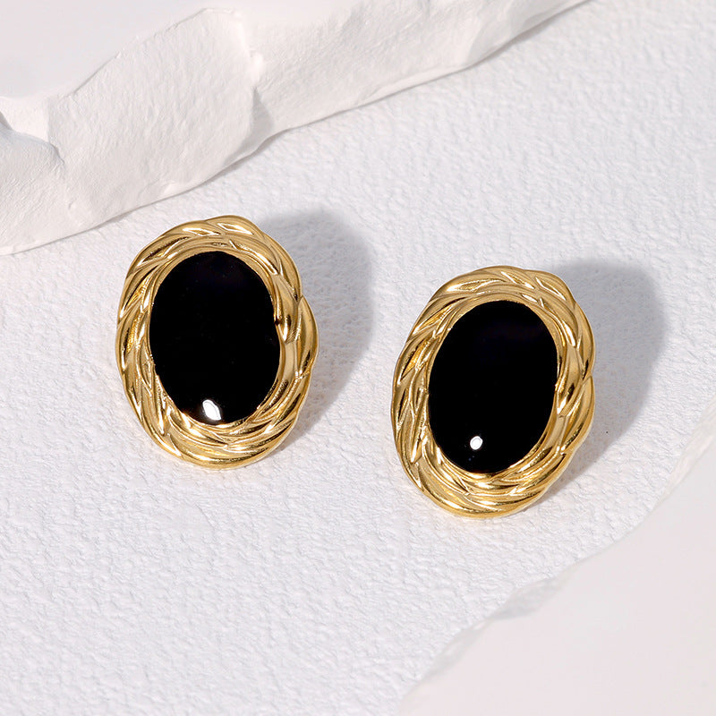 Vintage Minimalist Geometric Oval Earrings 18K Gold Plated Stainless Steel Studs for Women
