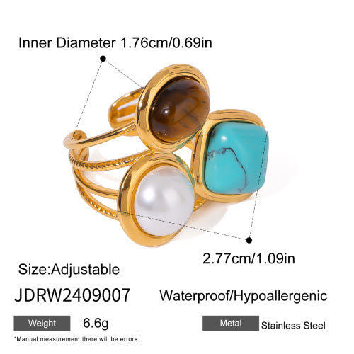 Anillo de acero inoxidable geométrico con incrustaciones de piedra turquesa para mujer, anillo de moda minimalista electrochapado