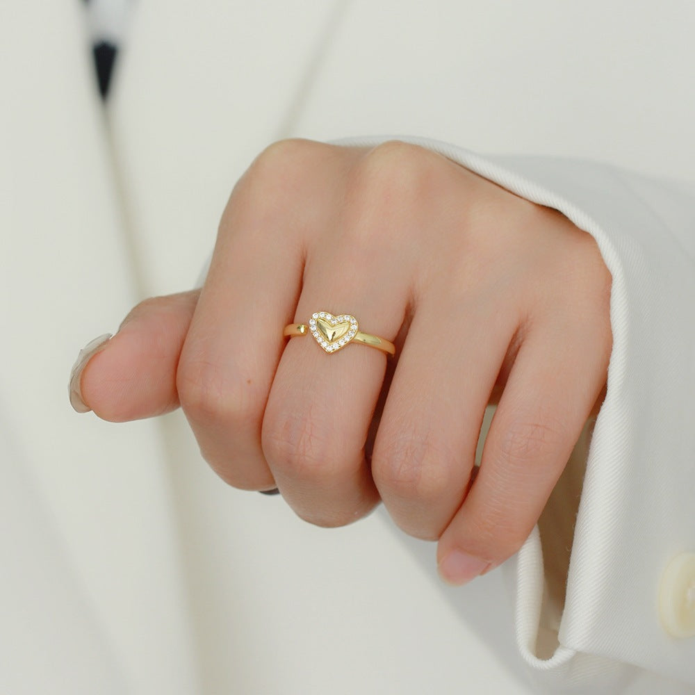 Sweet Heart-Shaped S925 Sterling Silver Adjustable Ring with Rhinestone Inlay for Women