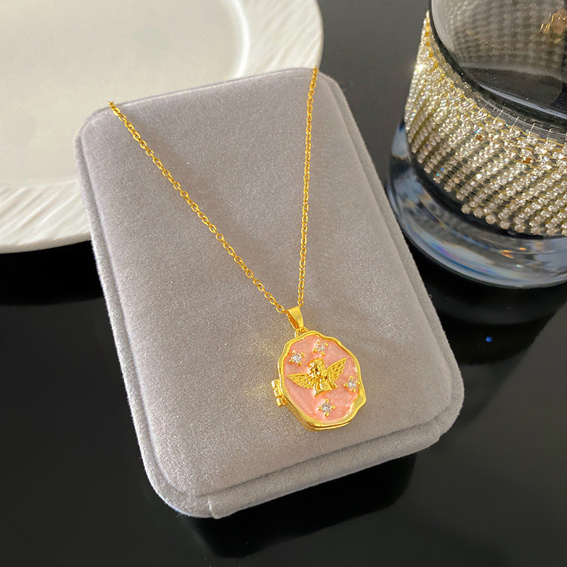 Vintage Enamel Drip Oil Oval Heart Brass Pendant Titanium Steel Necklace Cable Chain